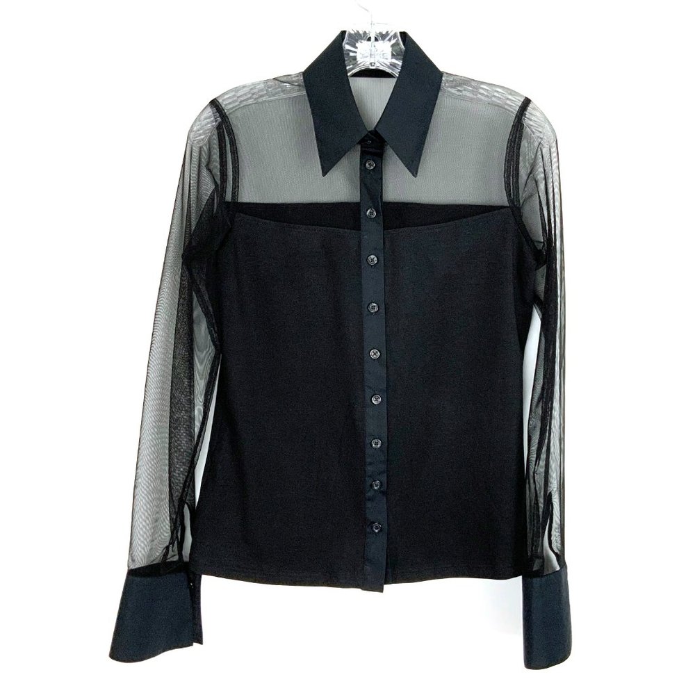 New Emanuel Berg Black Button Up Luxury Shirt Mesh Sleeves  Sz 8